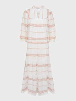 White and copper striped long dress with relaxed fit, Korean collar, deep V-neckline, and puffed sleeves