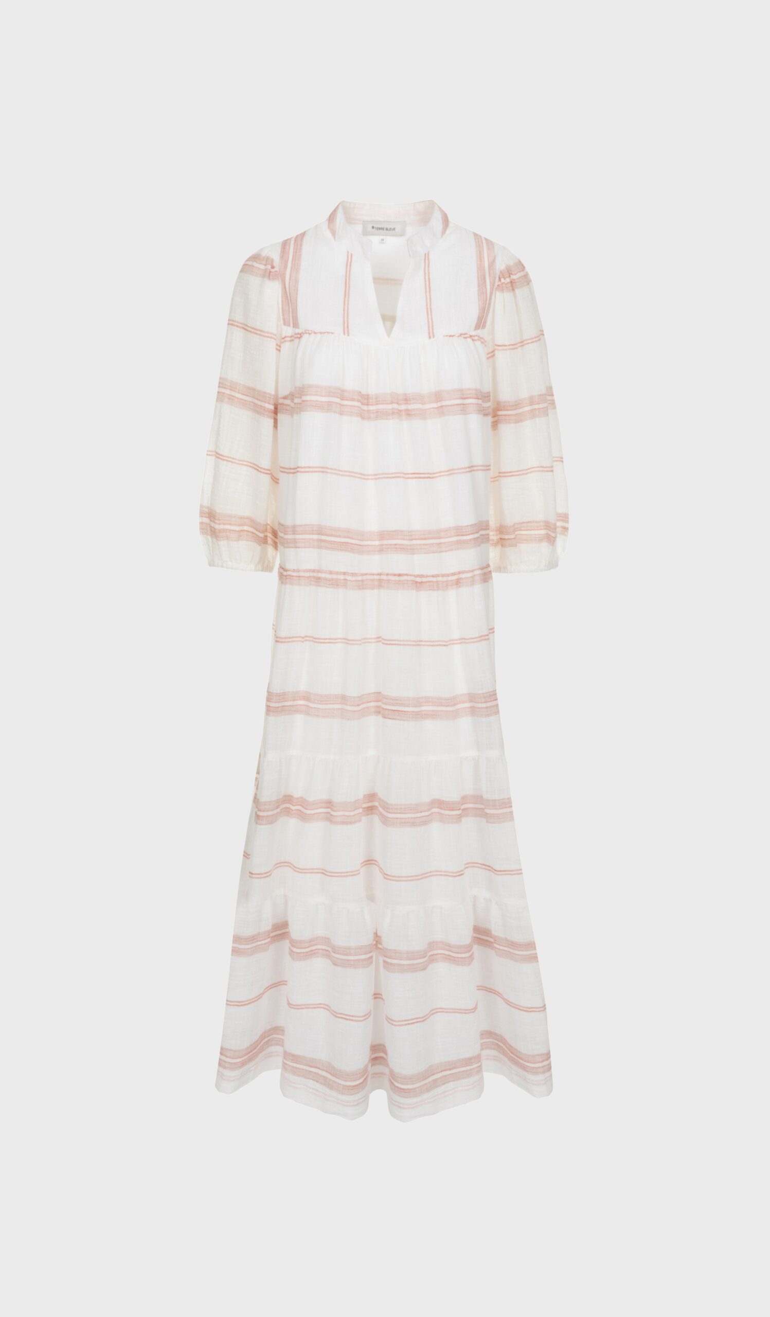 White and copper striped long dress with relaxed fit, Korean collar, deep V-neckline, and puffed sleeves