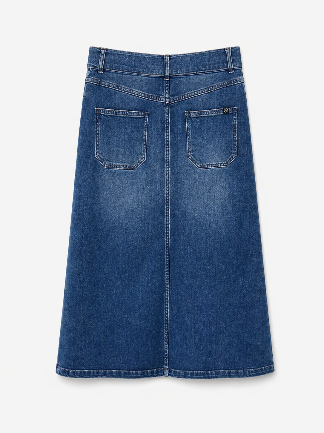 Blue Terre Bleue denim wrap midi skirt with button front and tie belt