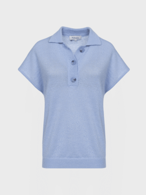 Lavender sleeveless pull-on sweater with ribbed collar and row of buttons