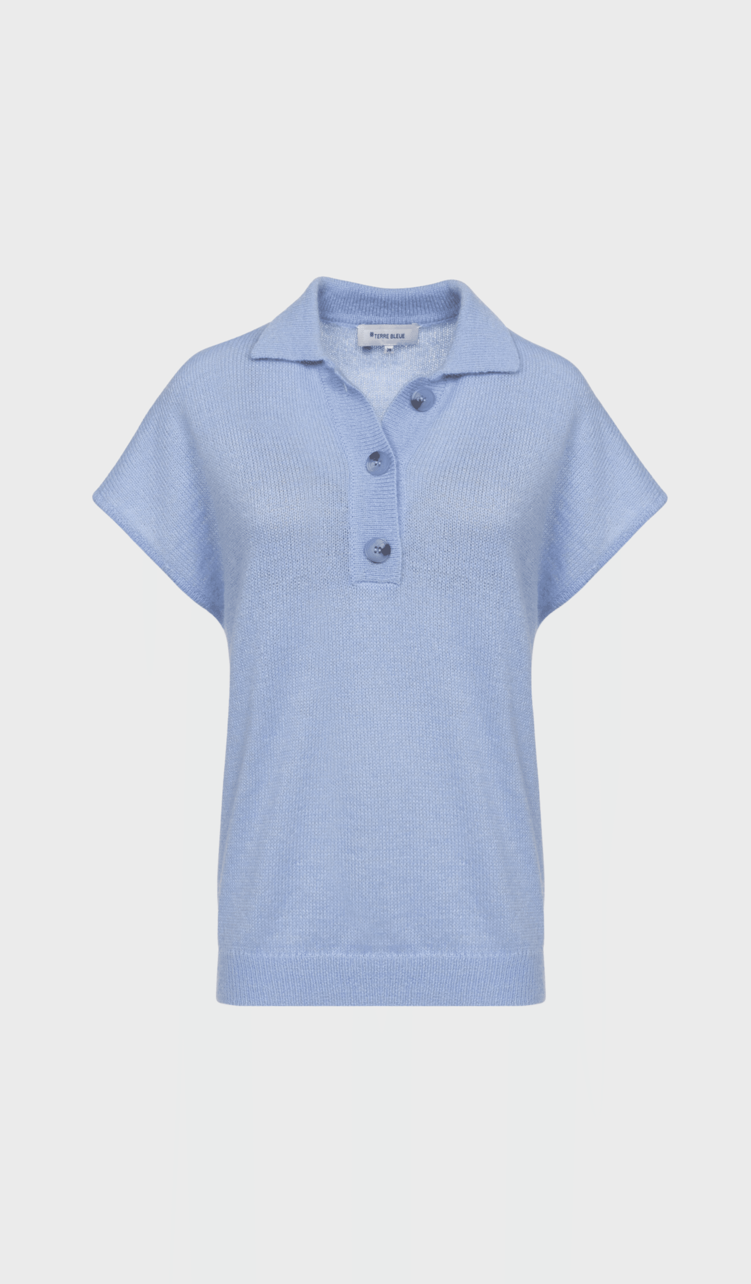Lavender sleeveless pull-on sweater with ribbed collar and row of buttons
