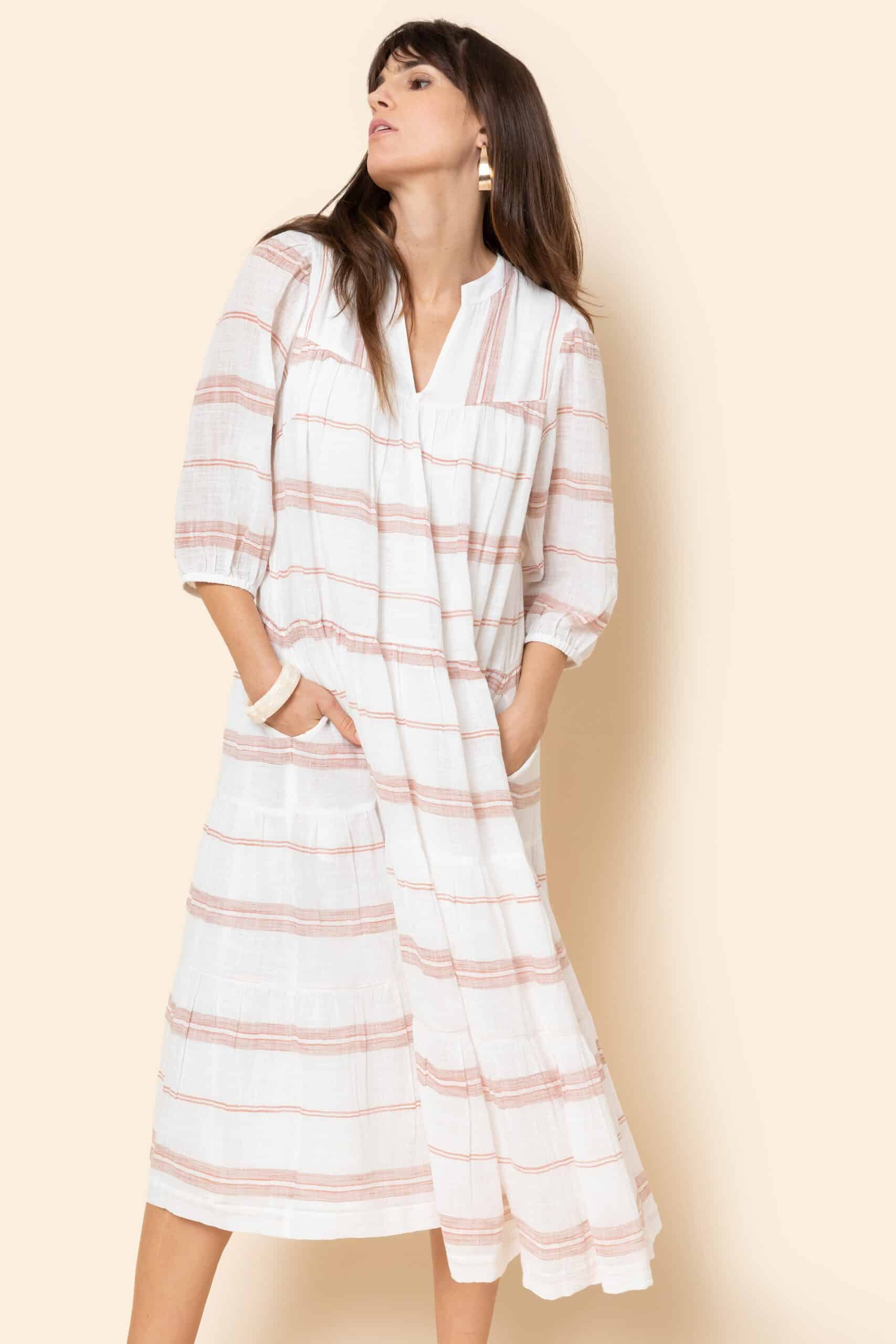 White and copper striped long dress with relaxed fit, Korean collar, deep V-neckline, and puffed sleeves - Image 5