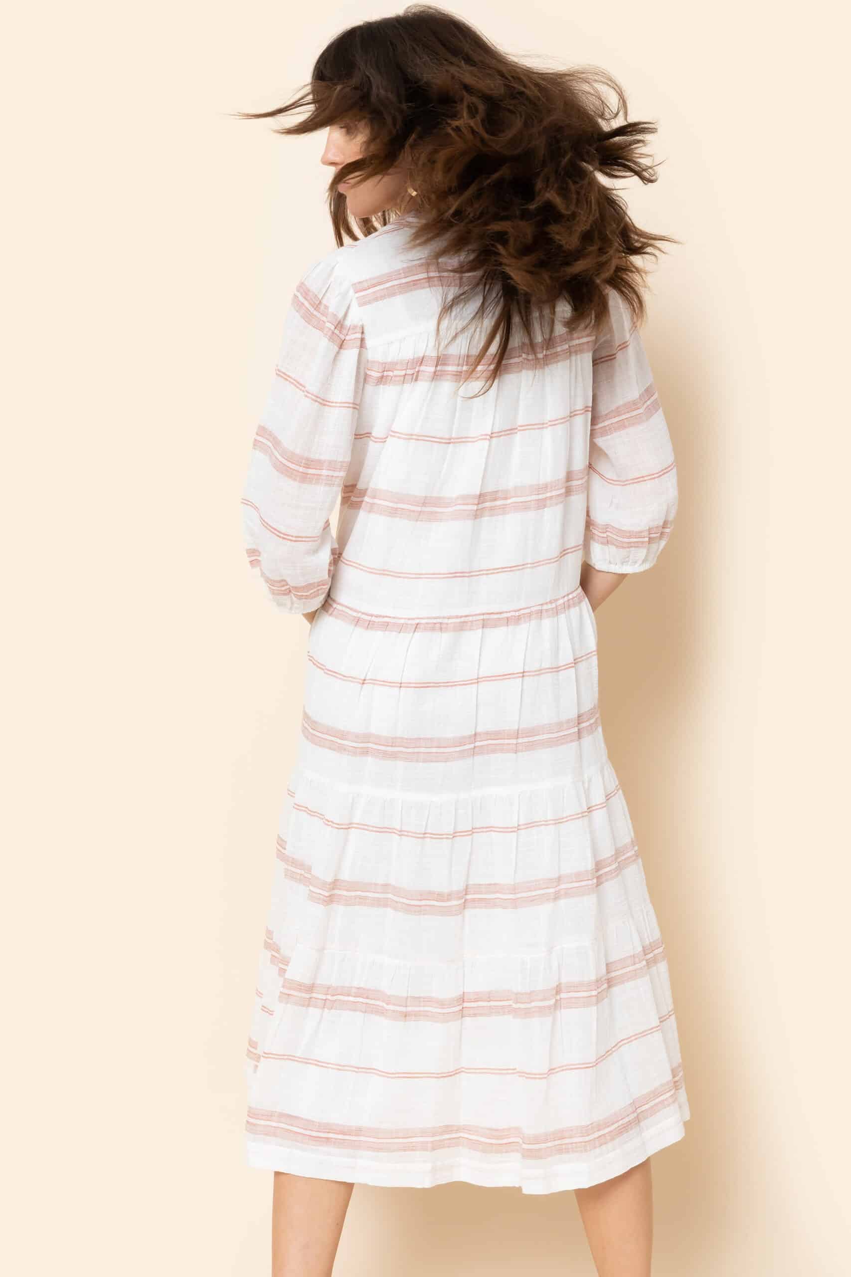 White and copper striped long dress with relaxed fit, Korean collar, deep V-neckline, and puffed sleeves - Image 3