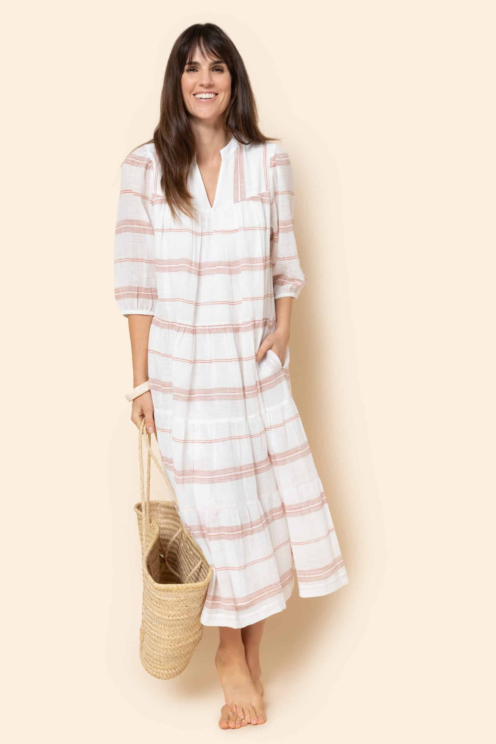 White and copper striped long dress with relaxed fit, Korean collar, deep V-neckline, and puffed sleeves - Image 2
