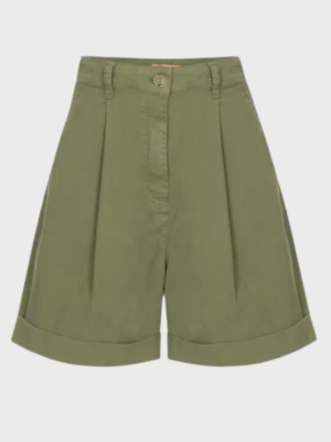 Olive green pleated high-waisted shorts