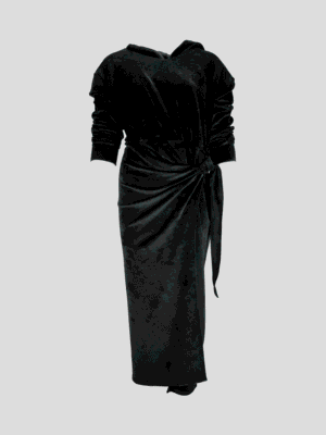Black velvet faux-wrap hooded dress