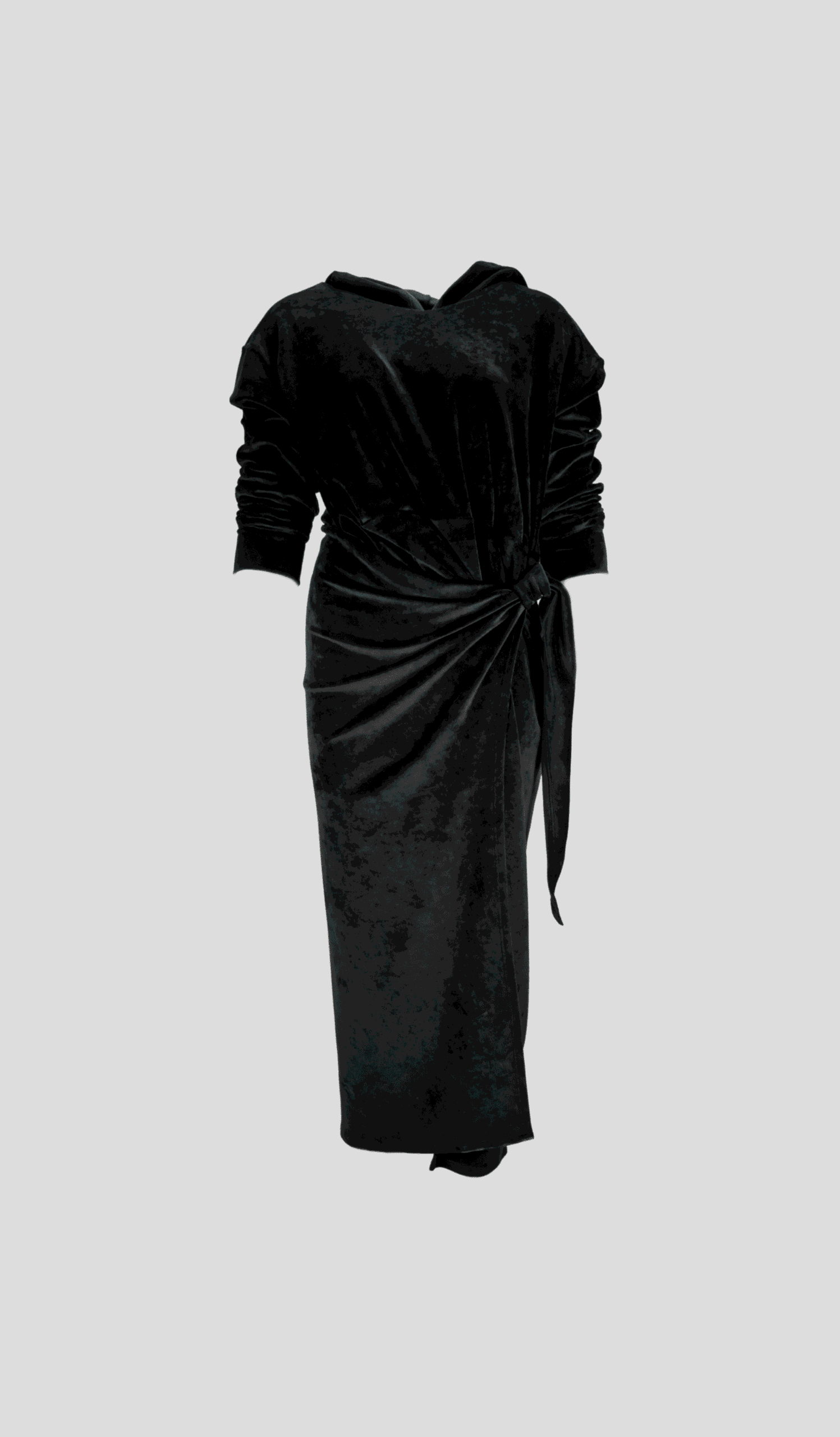 Black velvet faux-wrap hooded dress