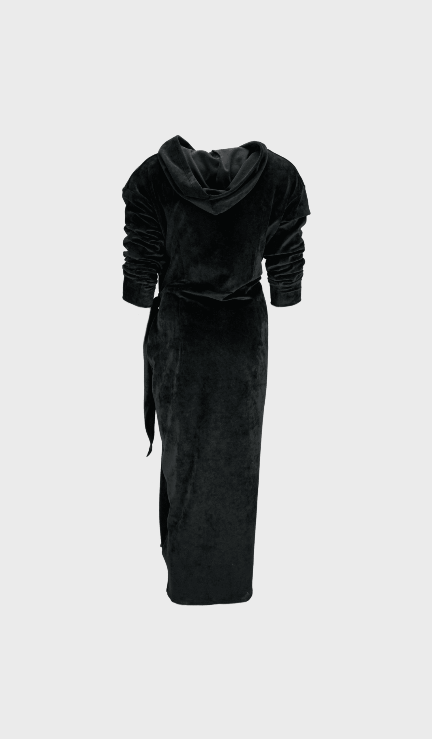 Black velvet faux-wrap hooded dress - Image 2