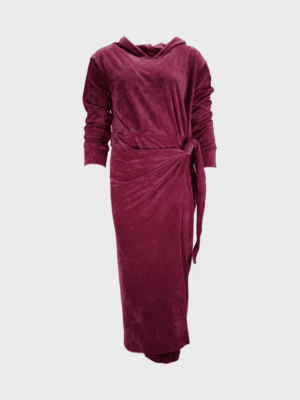 Pink velvet faux-wrap hooded dress