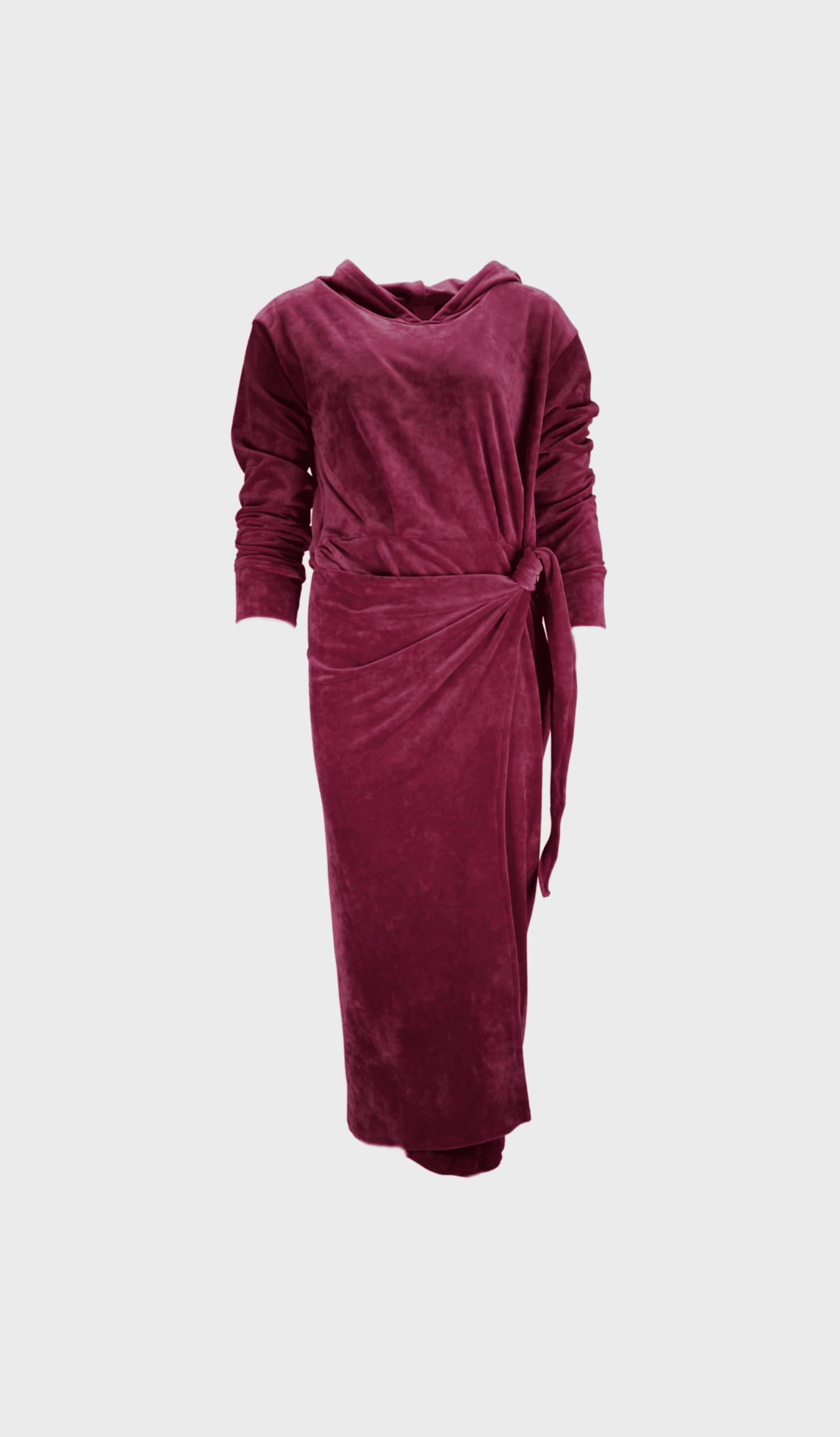 Pink velvet faux-wrap hooded dress