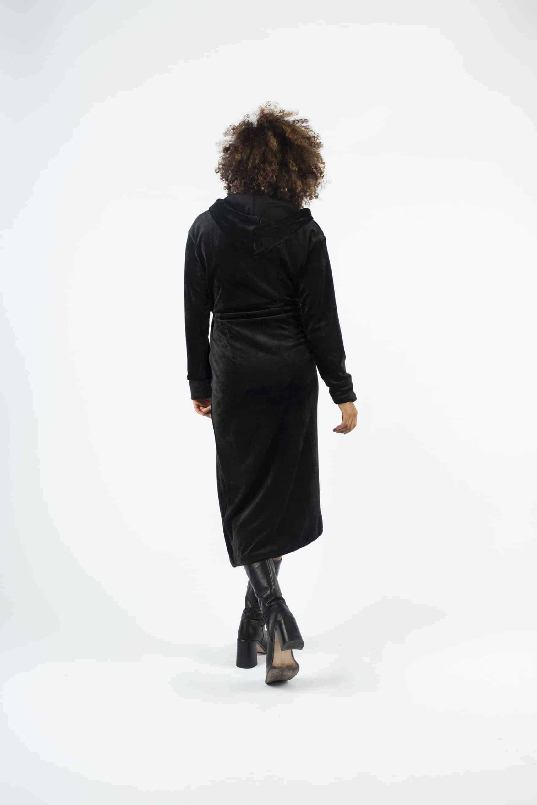 Black velvet faux-wrap hooded dress - Image 5