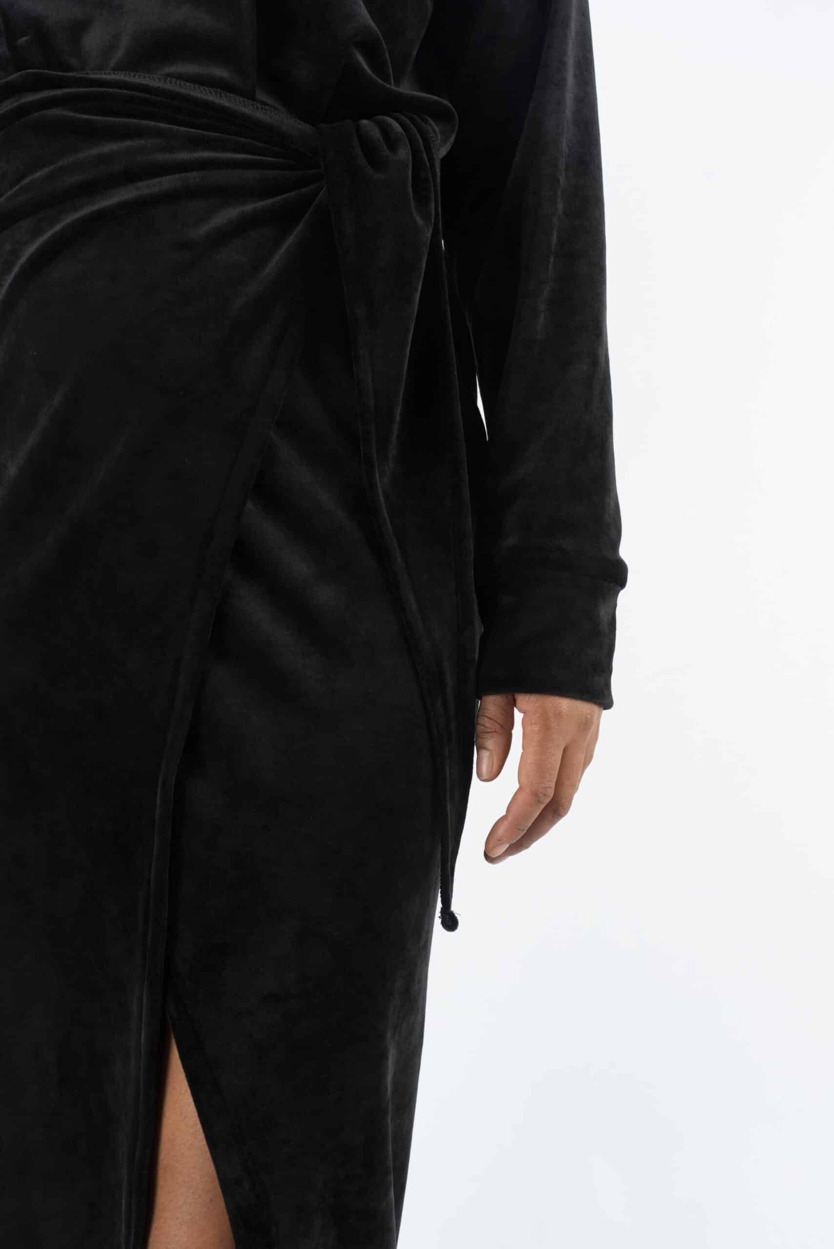 Black velvet faux-wrap hooded dress - Image 7