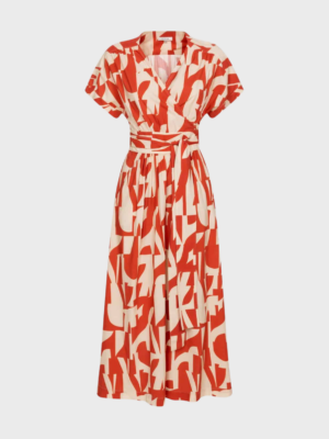 Red patterned belted dress