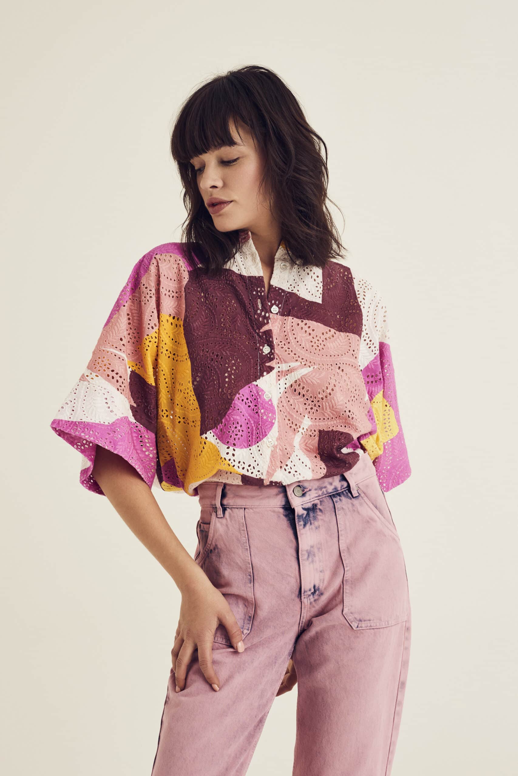 Short sleeve blouse with multicoloured print and perforated details - Image 2