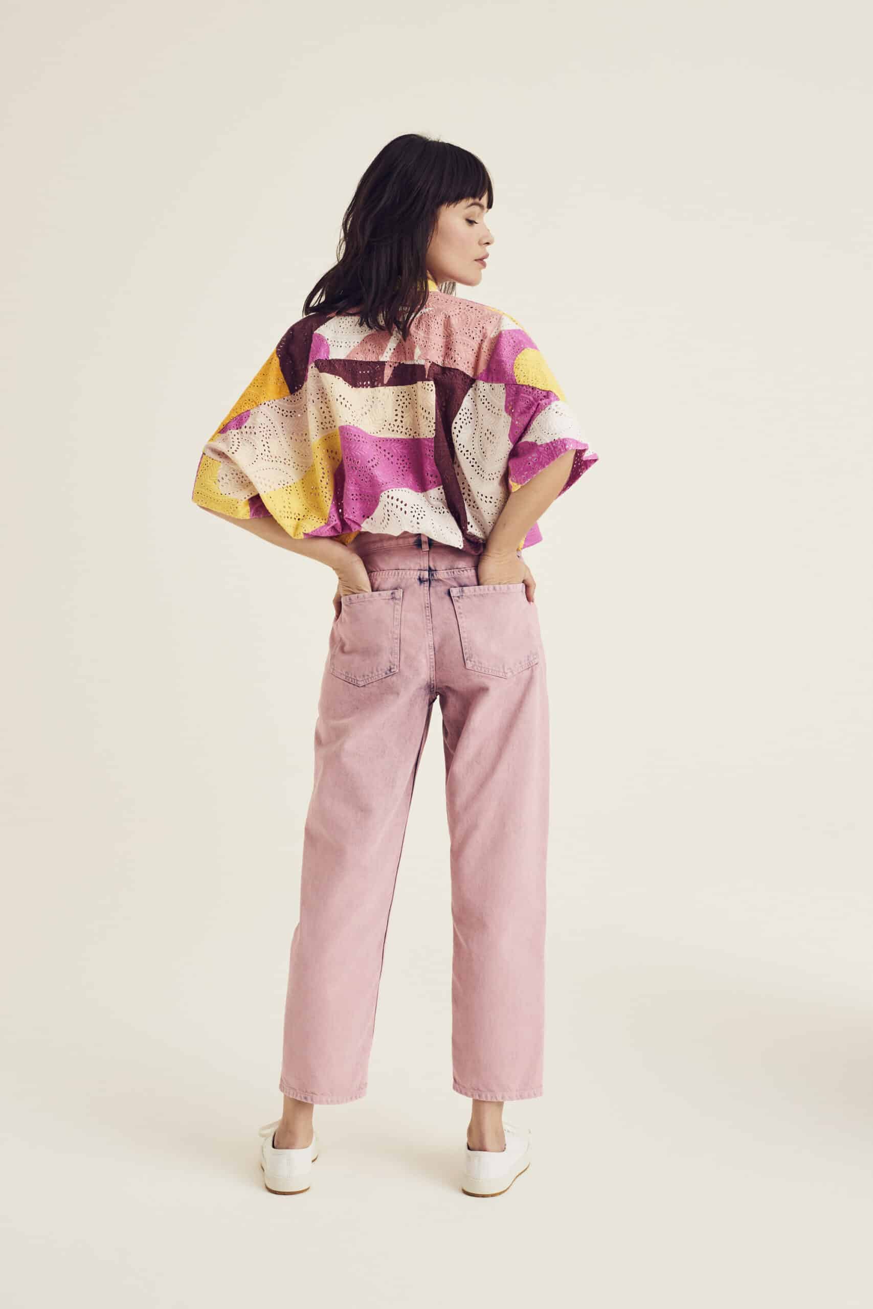 Short sleeve blouse with multicoloured print and perforated details - Image 5