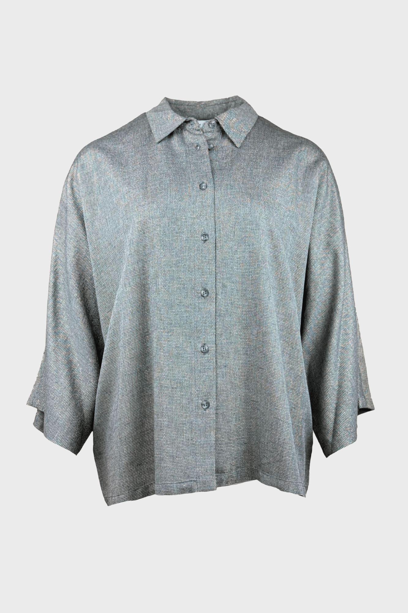 Grey poncho-style blouse with subtle shimmer