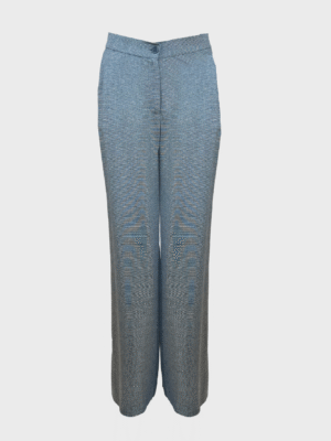 Elegant grey wide-leg trousers with subtle shimmer, high-waisted fit, and button closure