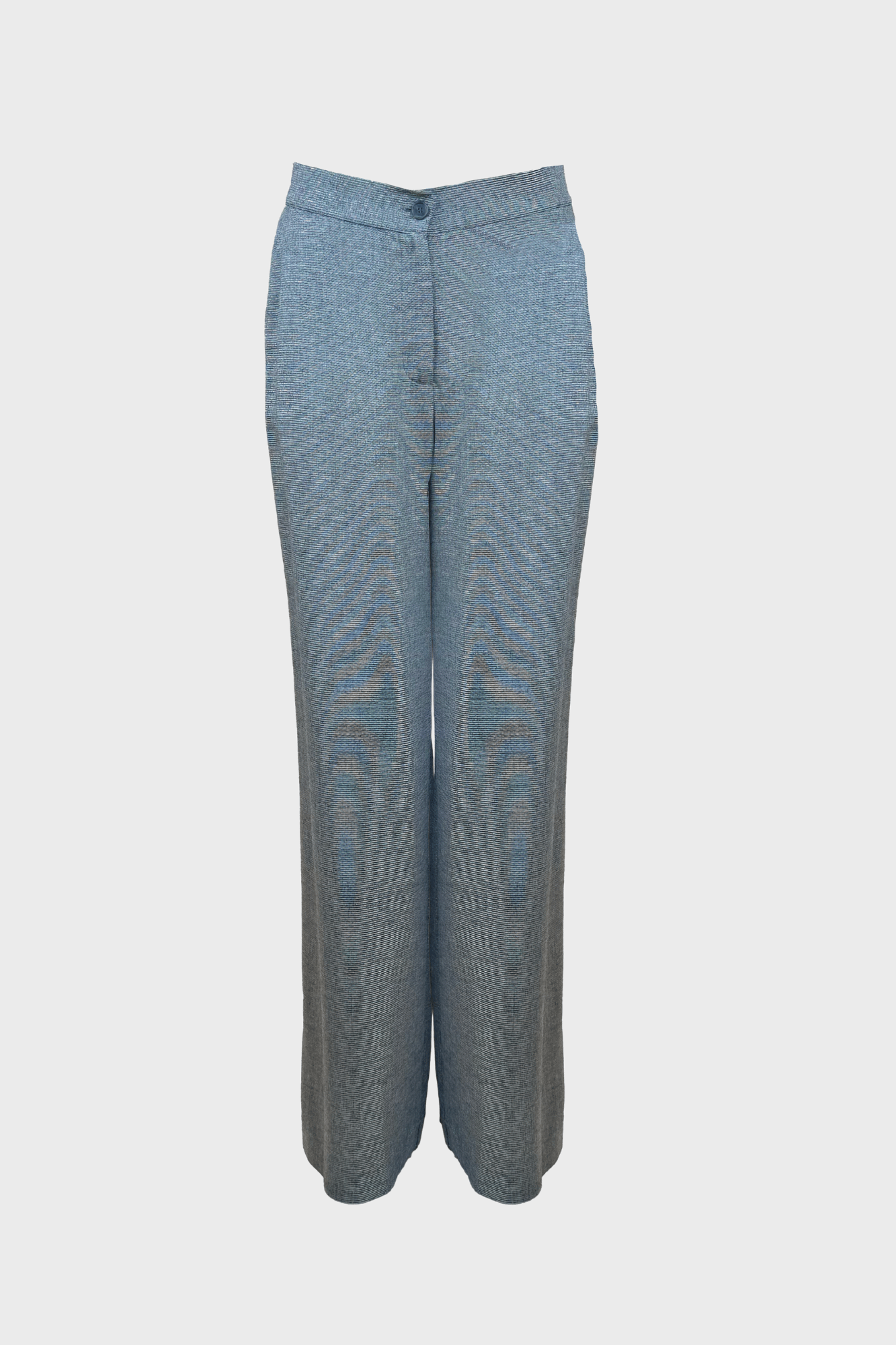 Elegant grey wide-leg trousers with subtle shimmer, high-waisted fit, and button closure