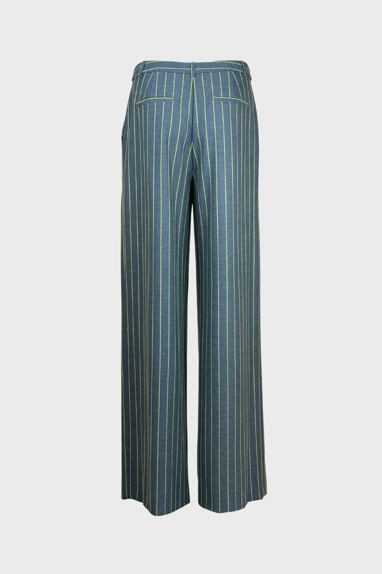 Tailored dark grey trousers with yellow pinstripes, high-waisted fit, belt loops, and button closure - Image 2
