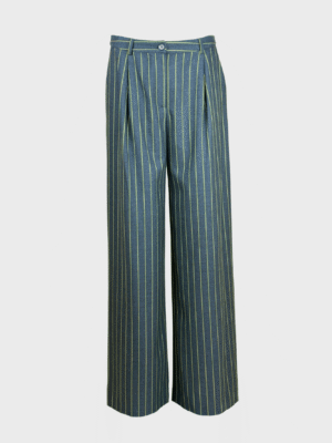 Tailored dark grey trousers with yellow pinstripes, high-waisted fit, belt loops, and button closure