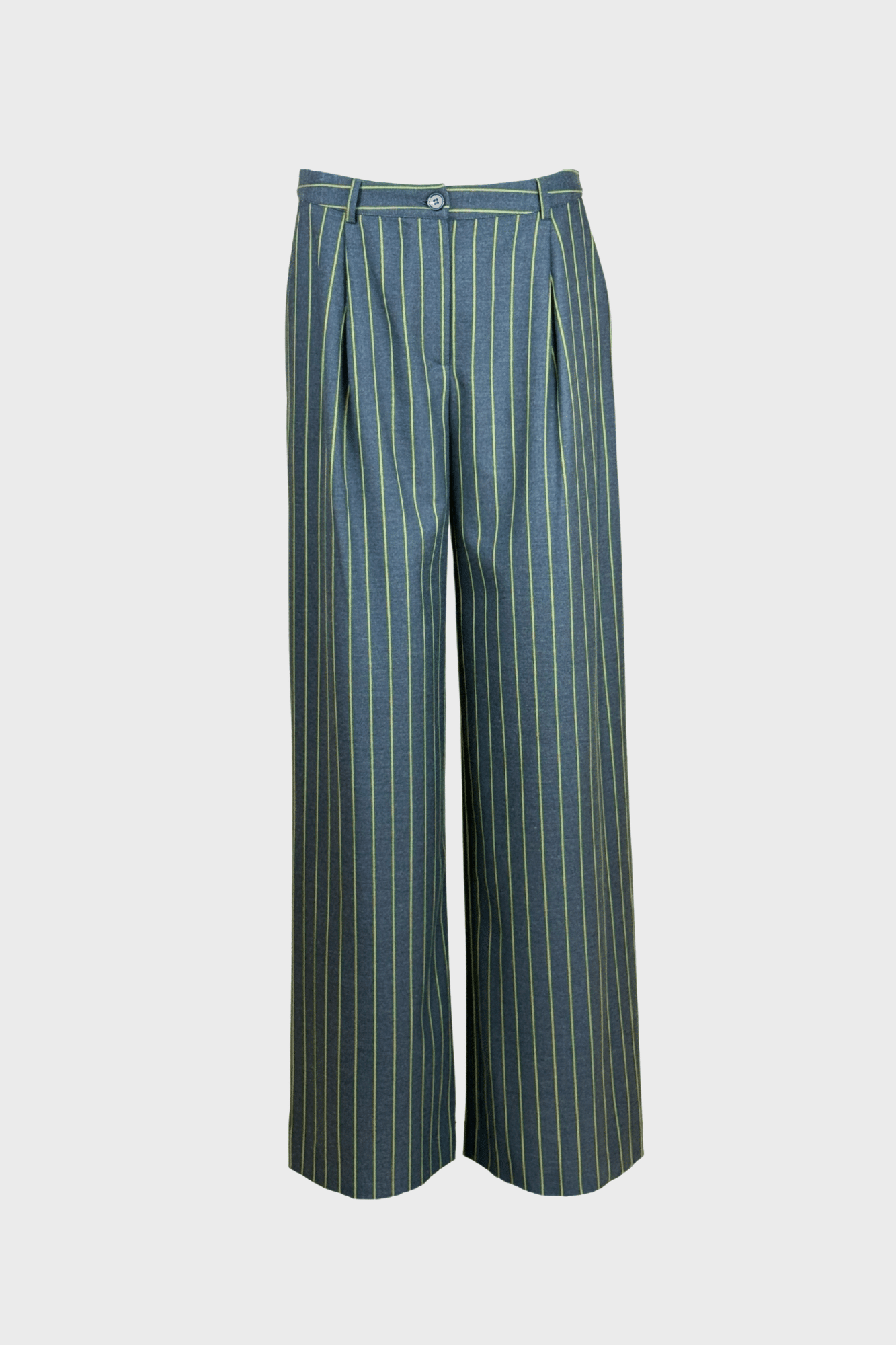 Tailored dark grey trousers with yellow pinstripes, high-waisted fit, belt loops, and button closure