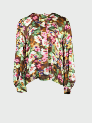 Floral-print blouse with round neckline and concealed front button closure