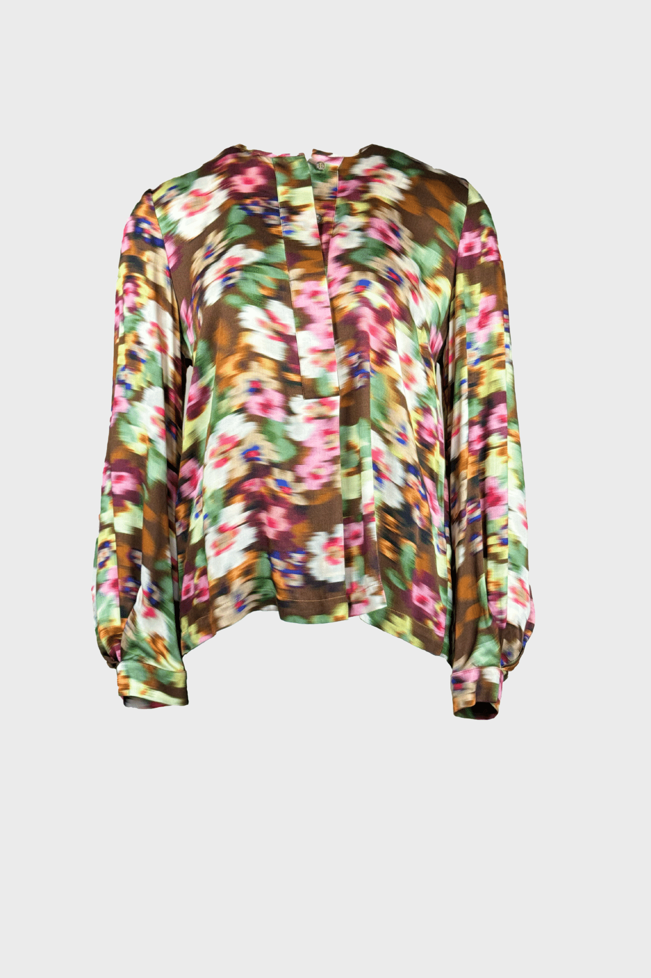 Floral-print blouse with round neckline and concealed front button closure