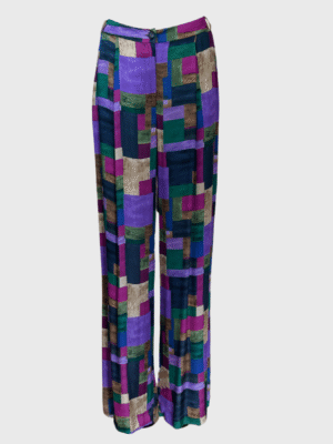 High-waisted wide-leg trousers with geometric multicolor pattern