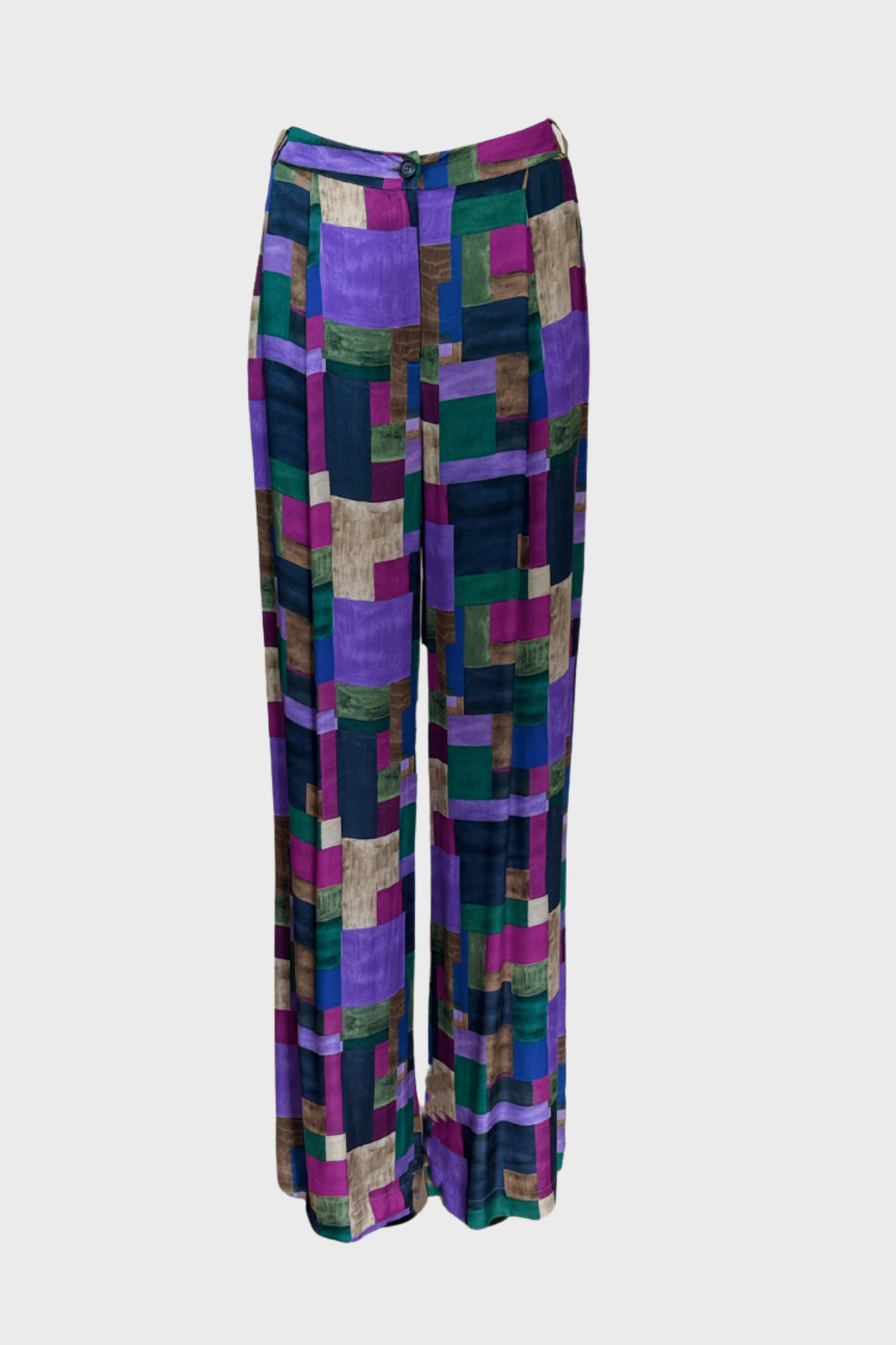 High-waisted wide-leg trousers with geometric multicolor pattern