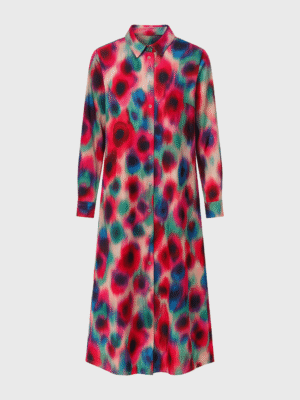 Vibrant multicolored button-up dress with short sleeves and abstract blurred pattern