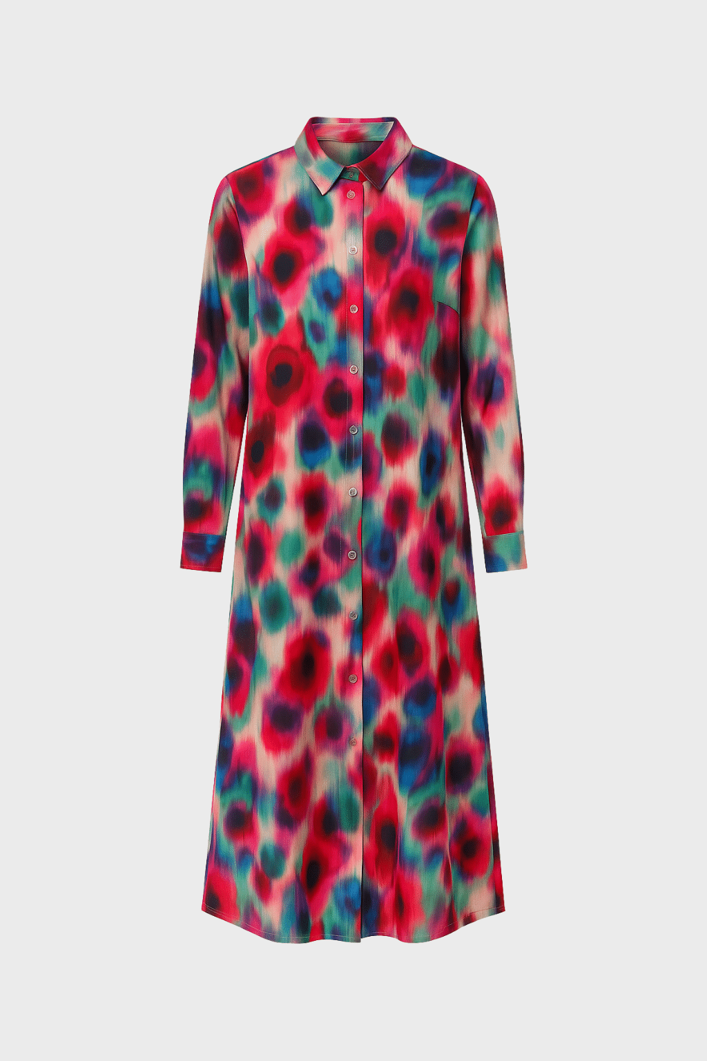 Vibrant multicolored button-up dress with short sleeves and abstract blurred pattern