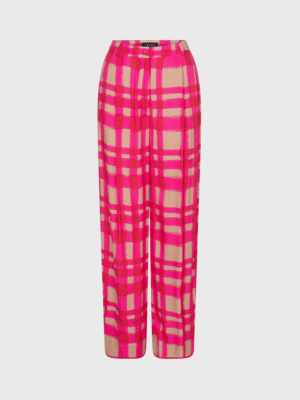Camel and fuchsia colored wide-leg trousers