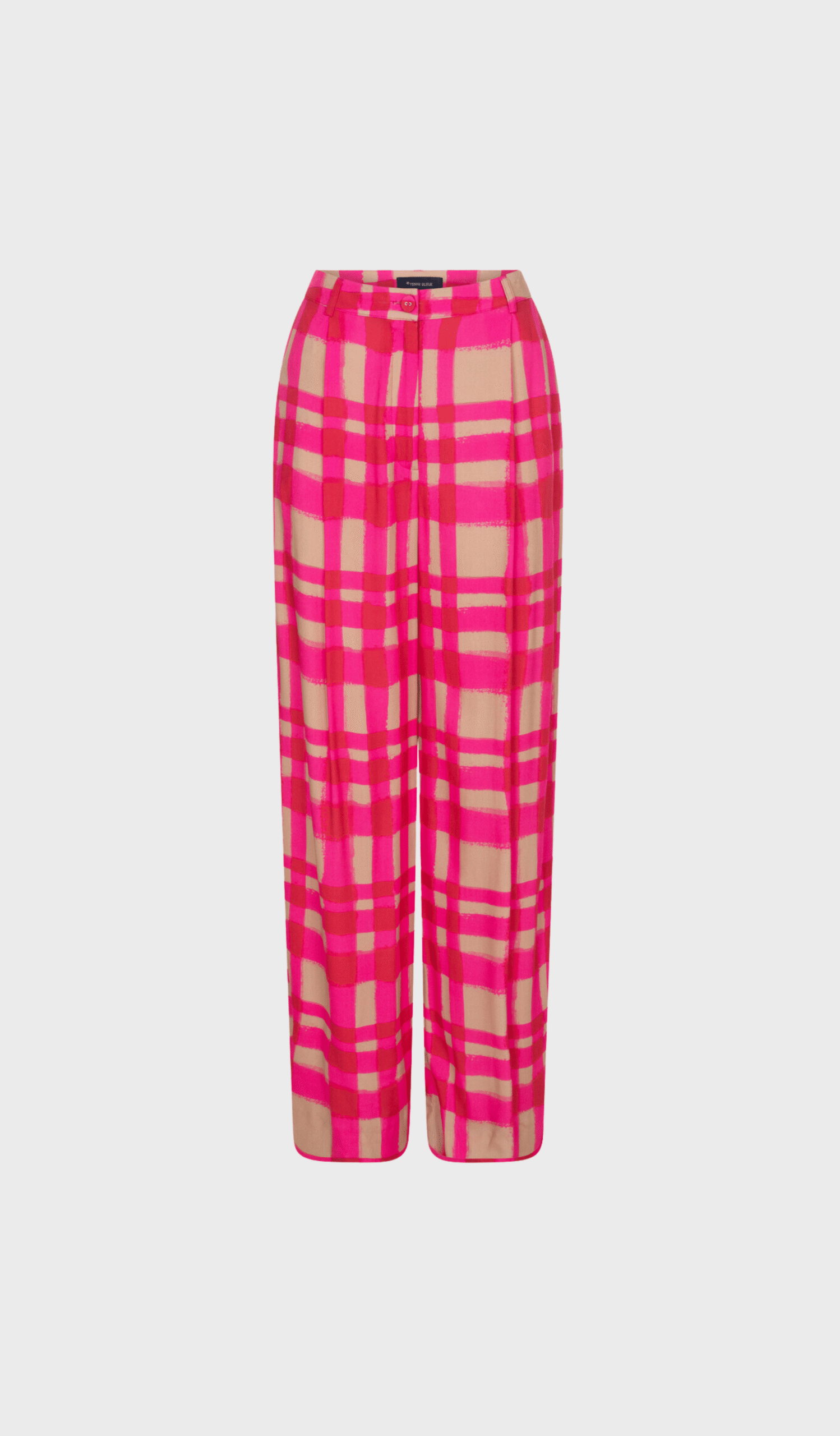 Camel and fuchsia colored wide-leg trousers