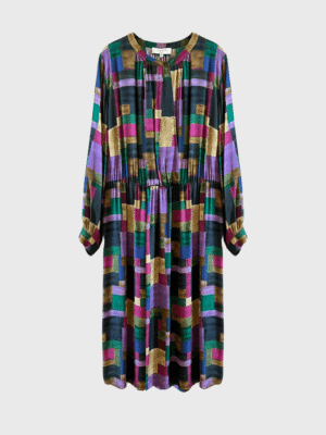 Multicolor knee-length dress with Korean neckline, cinched waist, and puffed sleeves