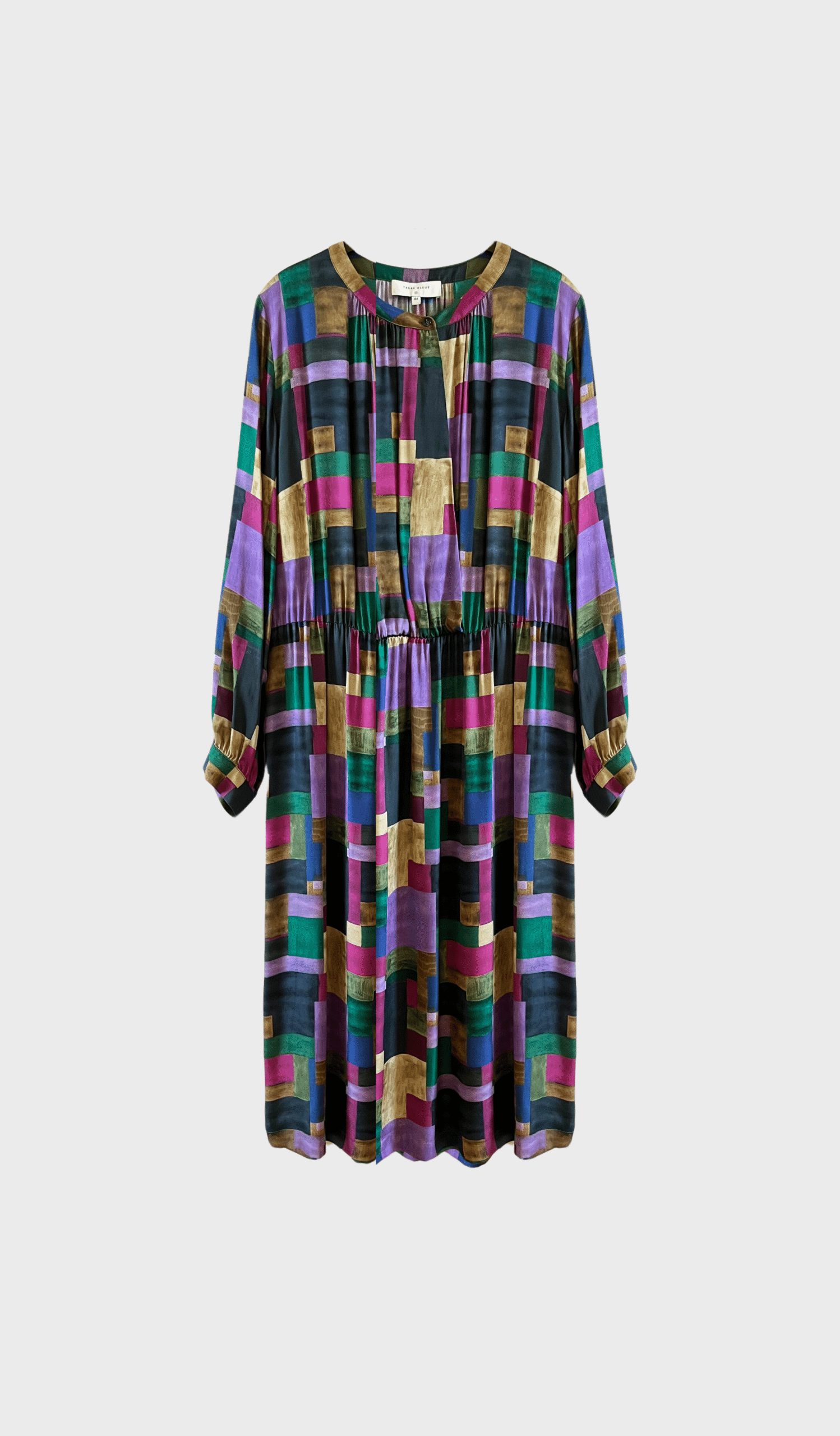 Multicolor knee-length dress with Korean neckline, cinched waist, and puffed sleeves