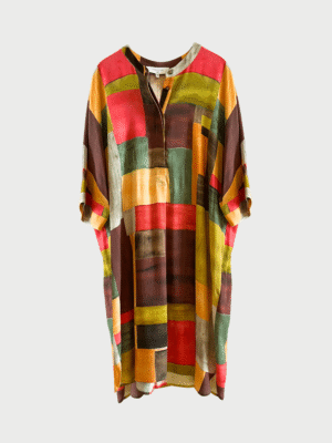 Multicolor knee-length dress with Korean neckline, cinched waist, and puffed sleeves