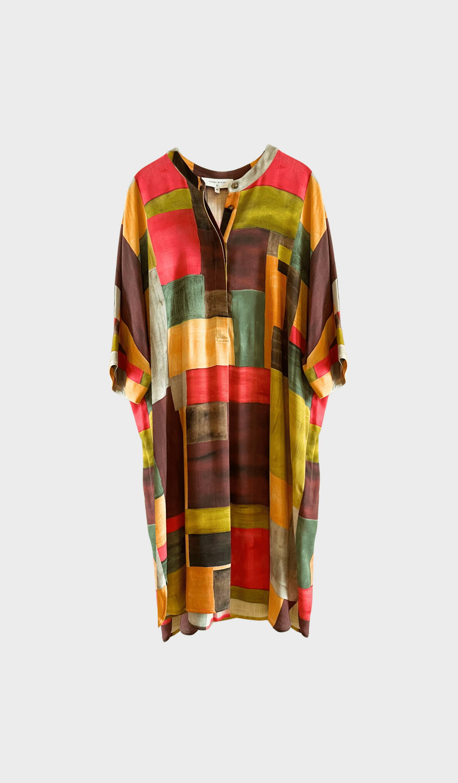Multicolor knee-length dress with Korean neckline, cinched waist, and puffed sleeves