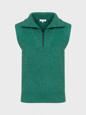 Green sleeveless pull shirt vest with collar and ribbed knit fabric