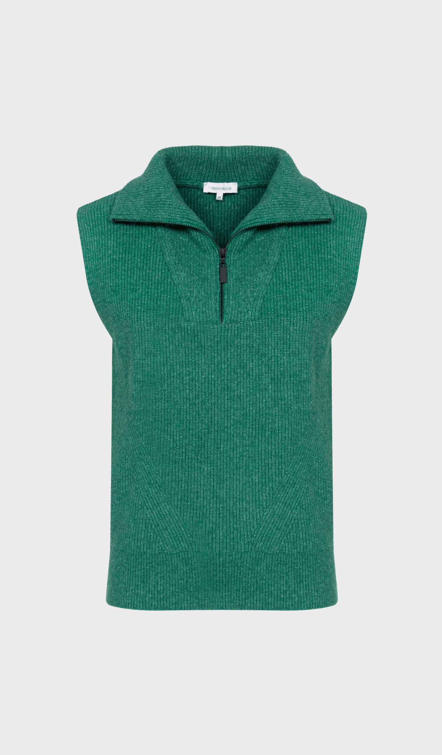 Green sleeveless pull shirt vest with collar and ribbed knit fabric