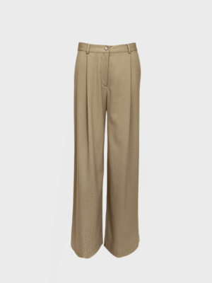 Camel wide-leg trousers with high waist, pleated front, and belt loops