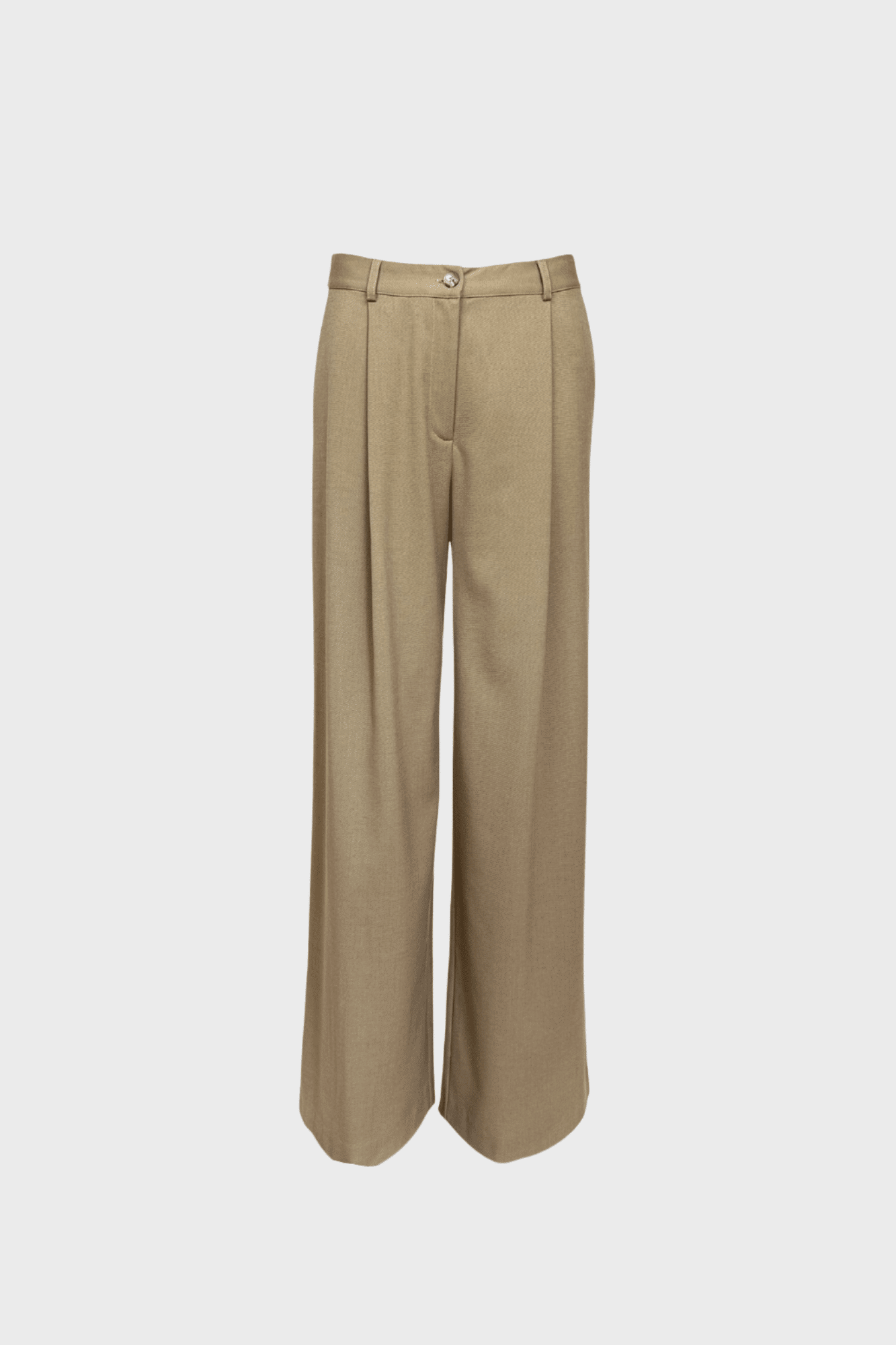 Camel wide-leg trousers with high waist, pleated front, and belt loops