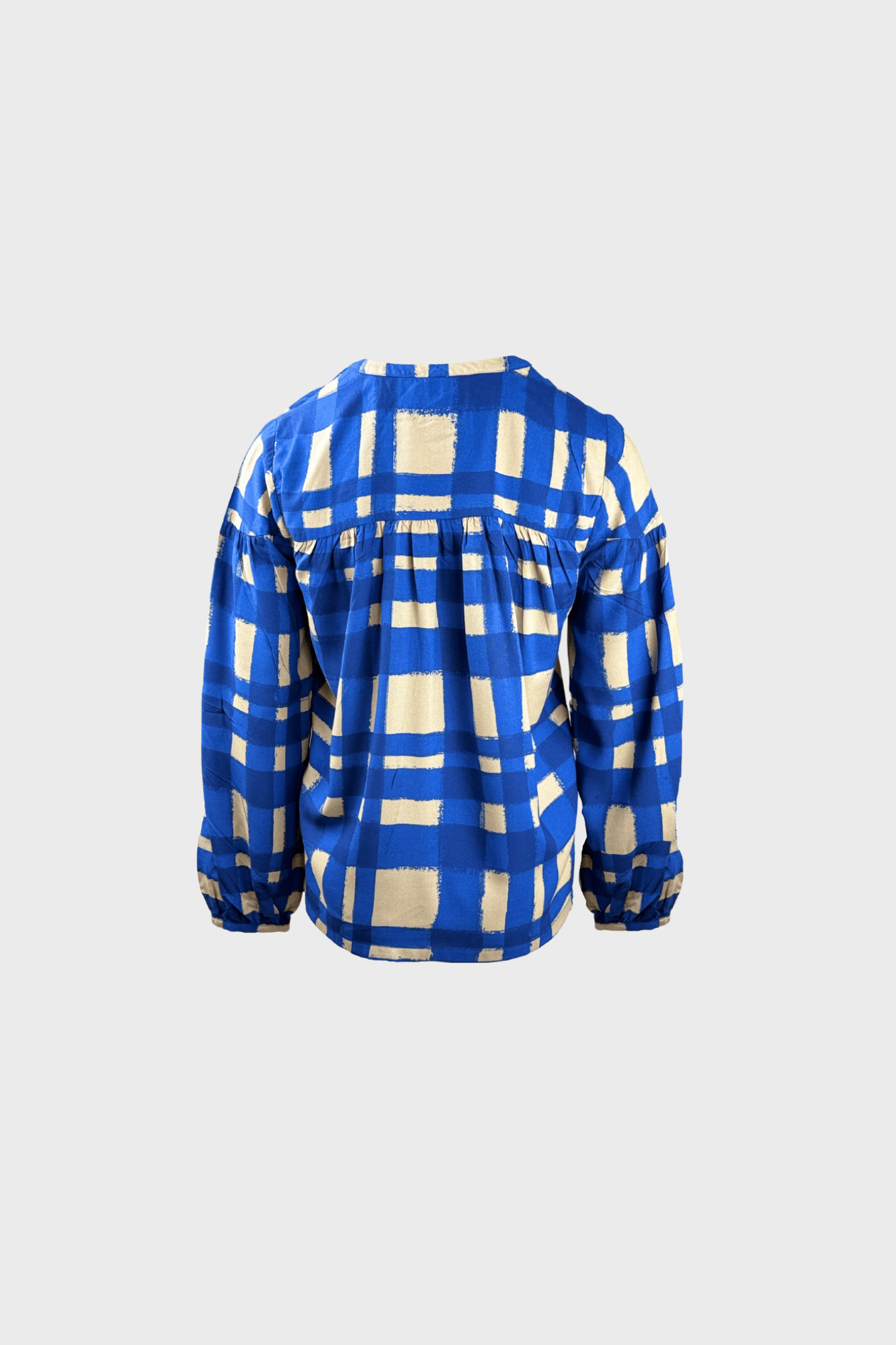 Stylish lightweight blouse with bold camel and blue check print - Image 2