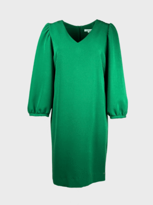 Elegant V-neck dress with puffed long sleeves and asymmetrical hemline