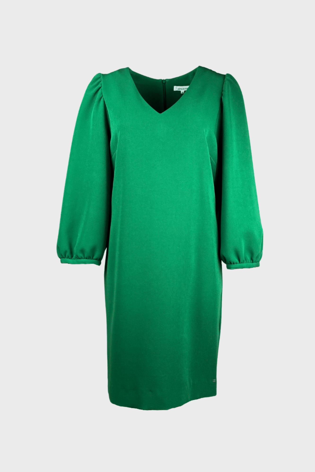Elegant V-neck dress with puffed long sleeves and asymmetrical hemline