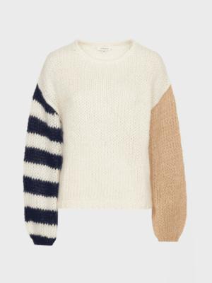 Ivory long-sleeve sweater with striped and beige sleeve