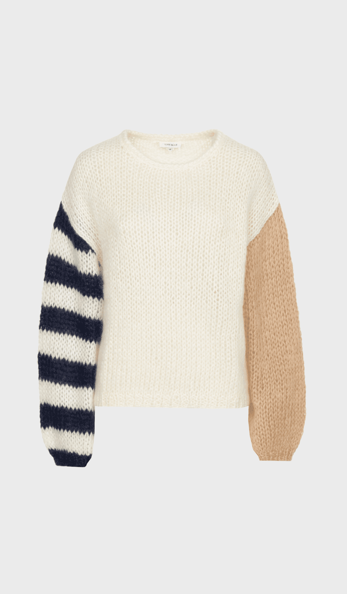 Ivory long-sleeve sweater with striped and beige sleeve