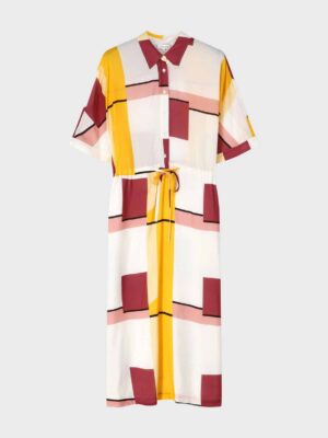 Geometric patterned midi dress with half-length sleeves and an integrated tie