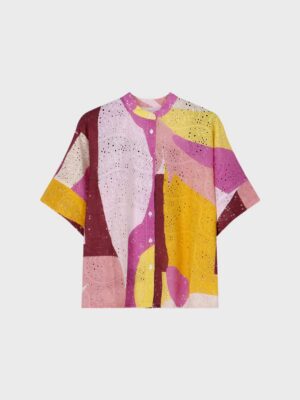 Short sleeve blouse with multicoloured print and perforated details