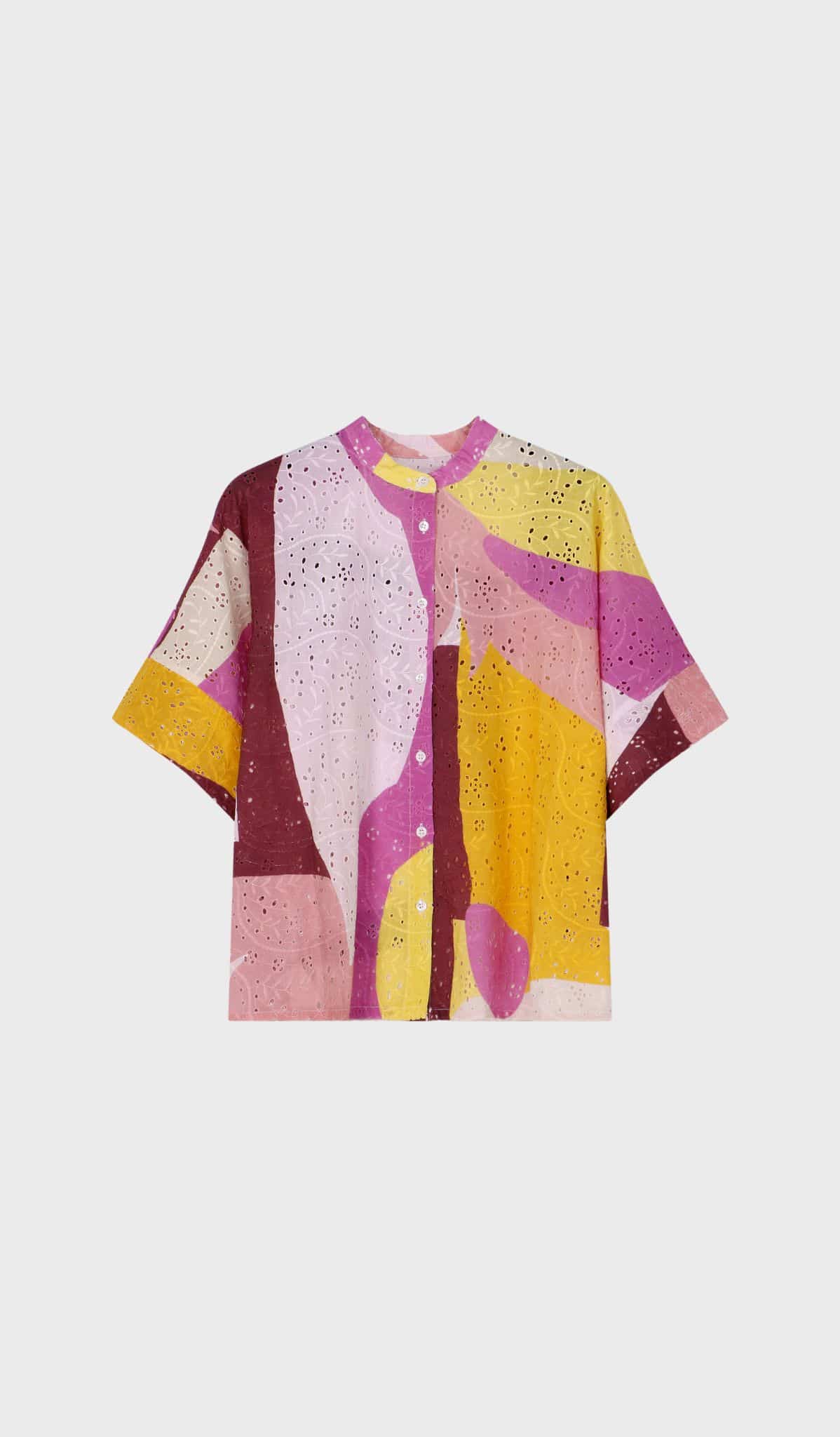 Short sleeve blouse with multicoloured print and perforated details